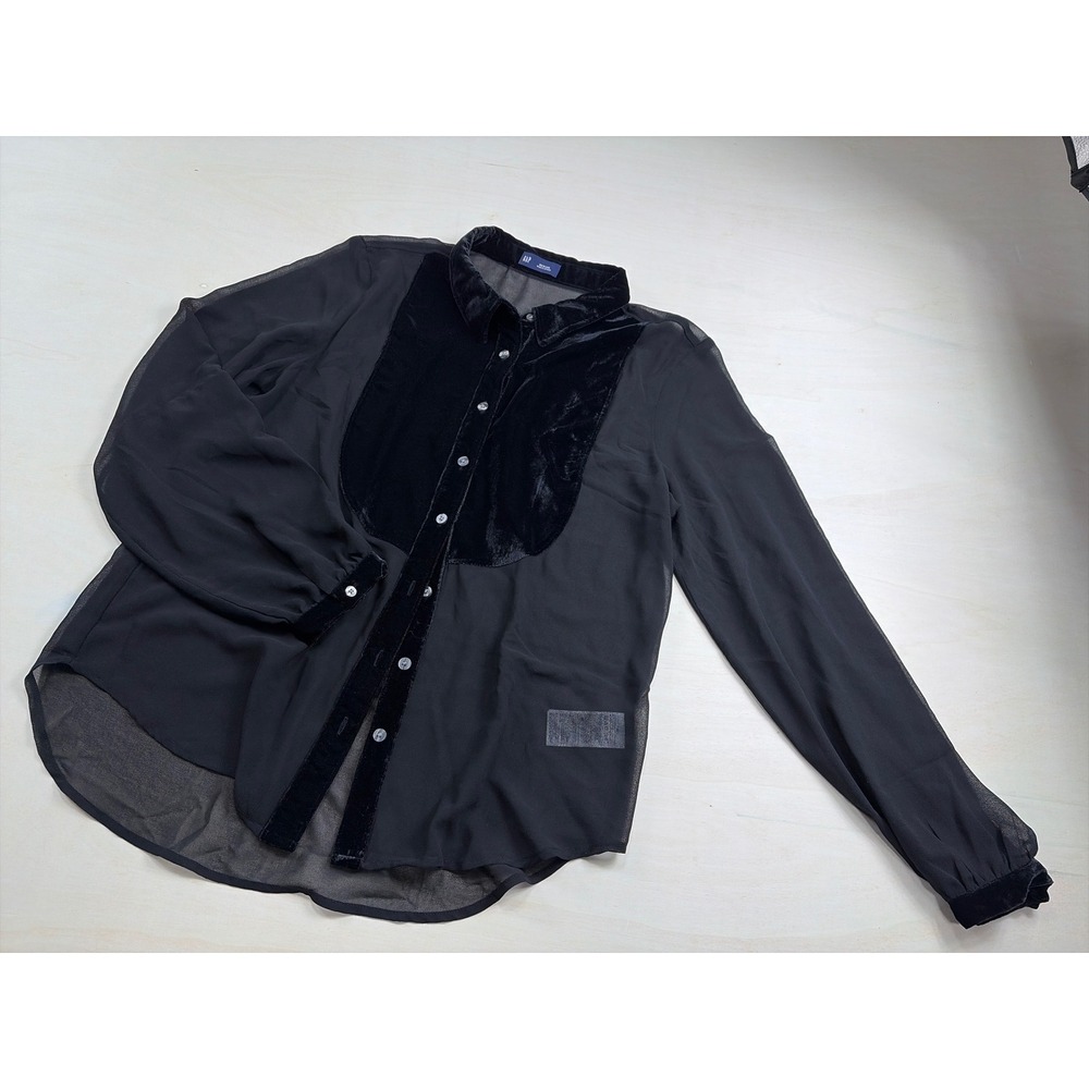 Gap Womens Black Sheer Chiffon Velvet Trim Button Down Blouse Top Medium